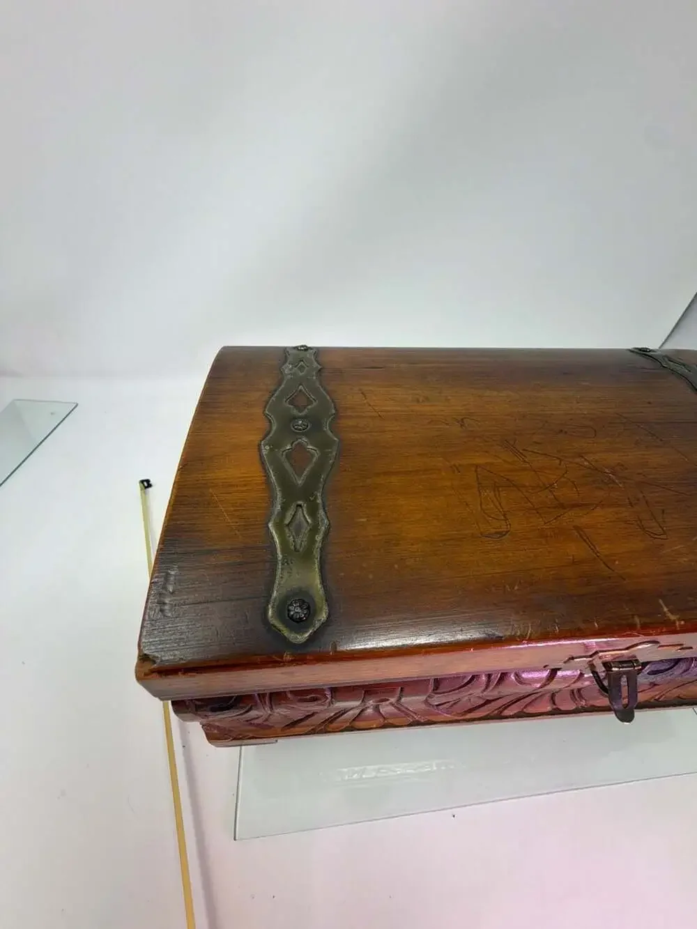 Vintage Hand Carved Wooden Jewelry Box With Metal Straps And Latch
